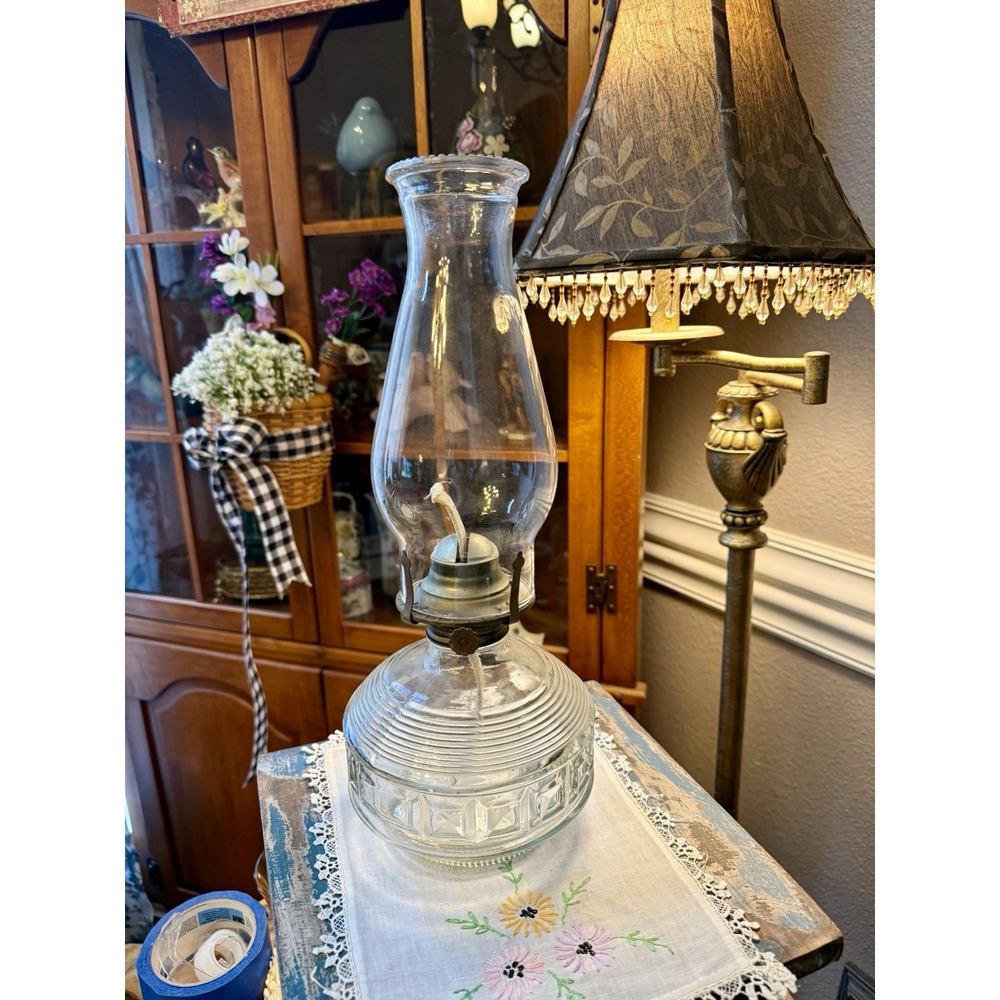 Vtg Clear Glass Oil Lamp w/ Chimney Geometric Pressed Glass Base Beaded Rim Wick